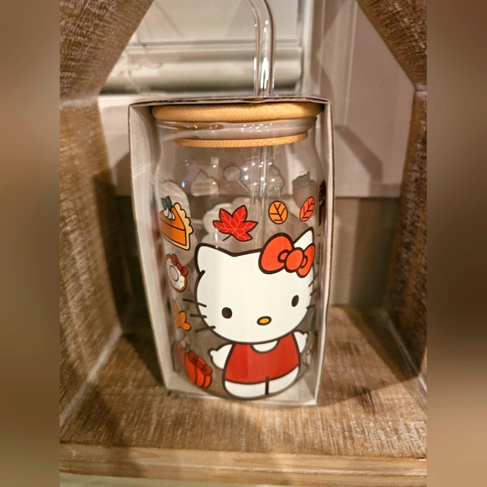 Hello Kitty Glass 16oz Thanksgiving/Fall Tumbler with Bamboo Lid & Straw